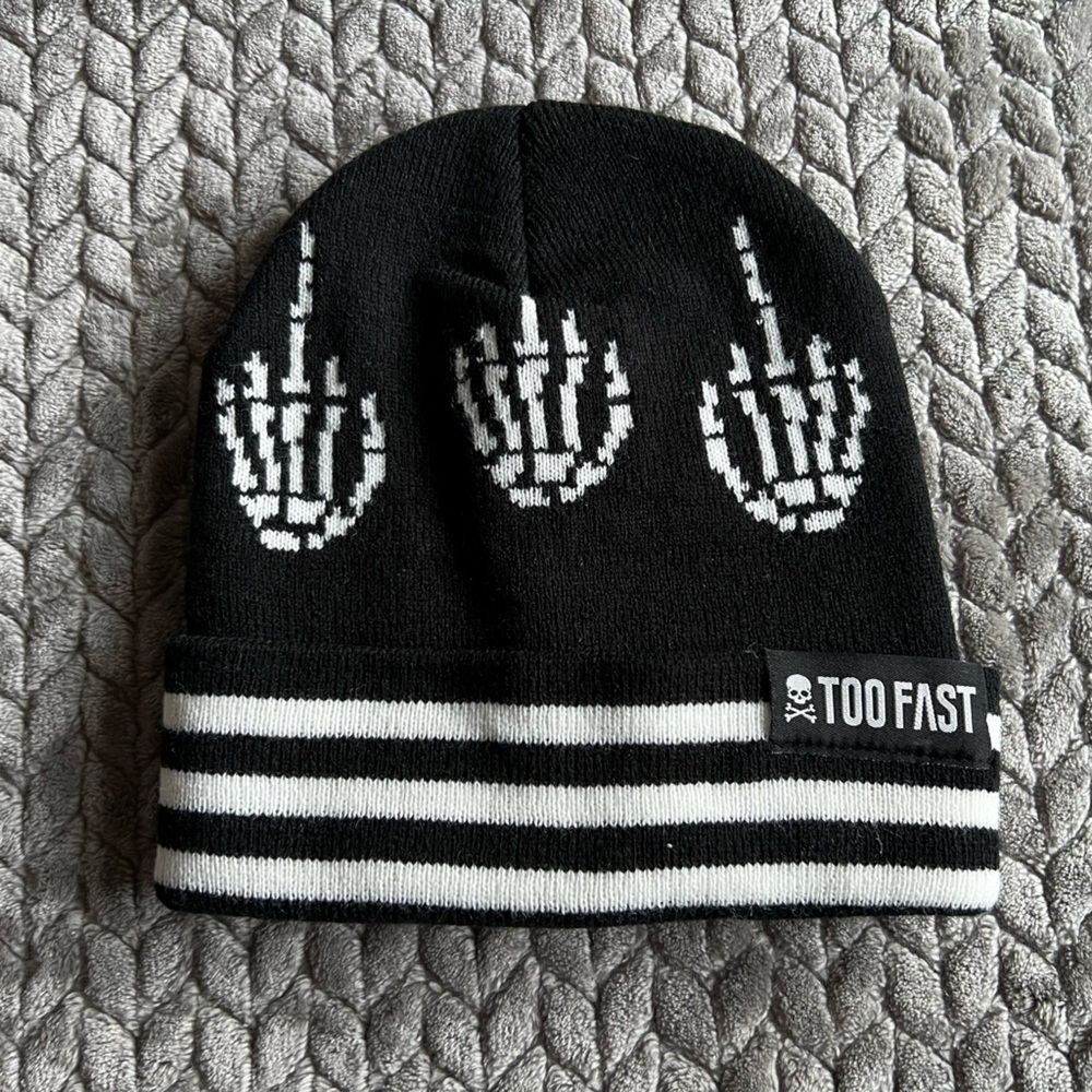 Funny F You Dolls Kill Skeleton Middle Finger Knit Beanie Hat Too Fast Black